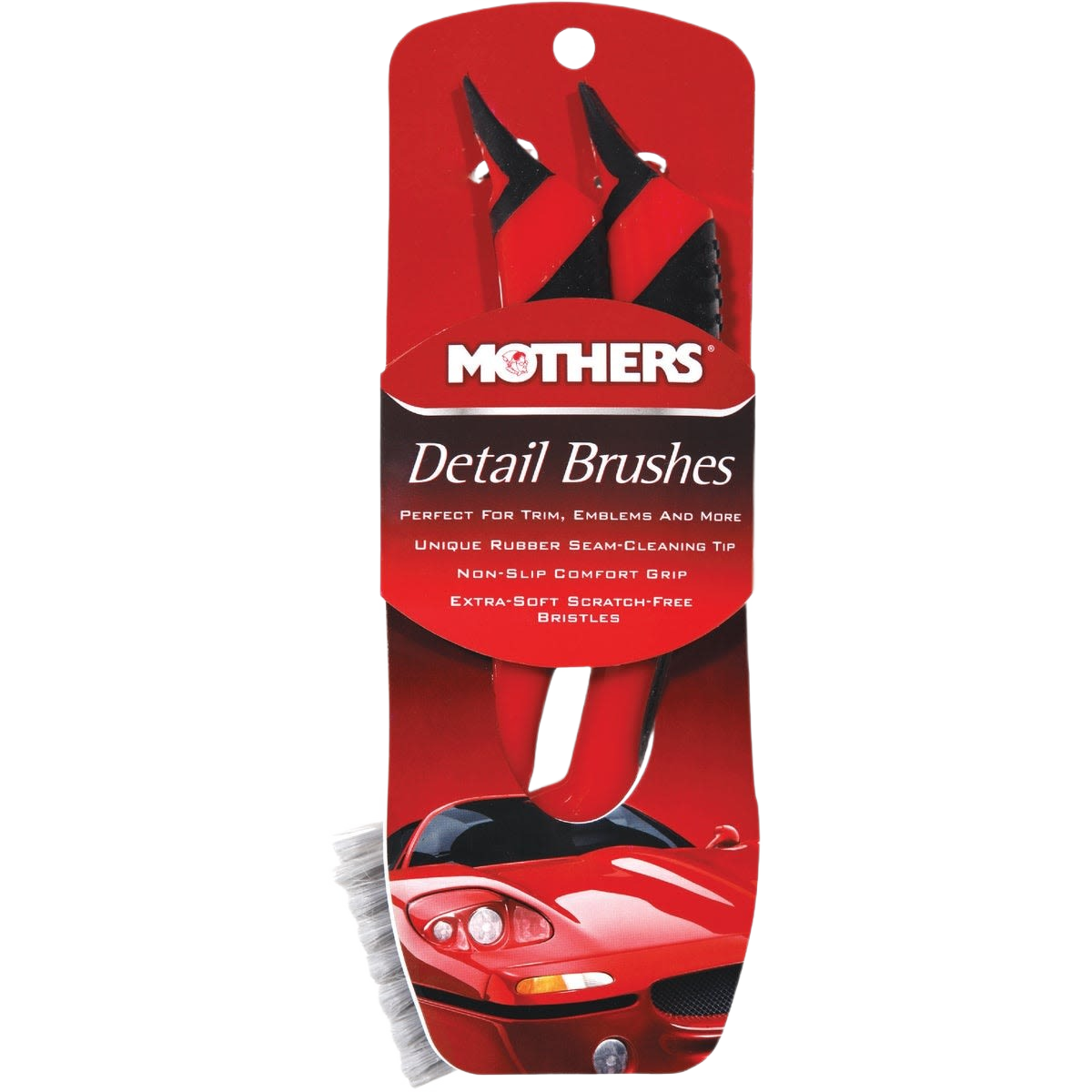 Two red-handled detailing brushes with soft bristles for precision cleaning in tools and home improvement tasks