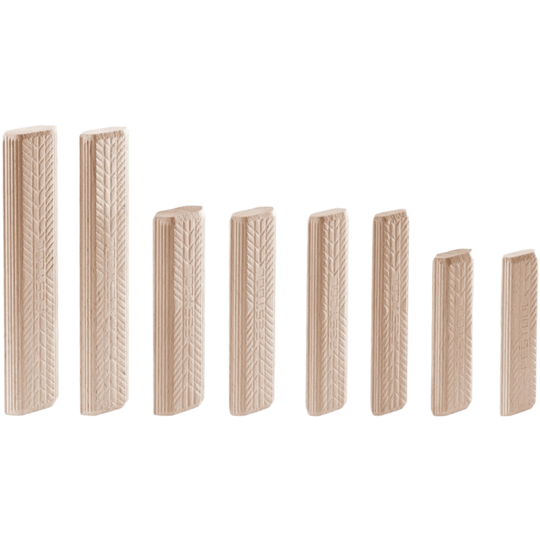 Beech wood domino tenons with grooved surface for strong woodworking joints in Festool Domino joiner accessories collection.