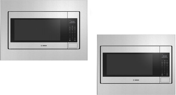 Built-in stainless steel microwave with left side-opening door and digital keypad in Bosch kitchen appliance collection