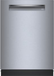 Front view of a 24-inch stainless steel dishwasher with anti-fingerprint finish from Bosch Appliances collection