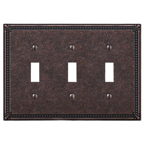Three toggle antique bronze wallplate with imperial bead border for vintage home improvement projects