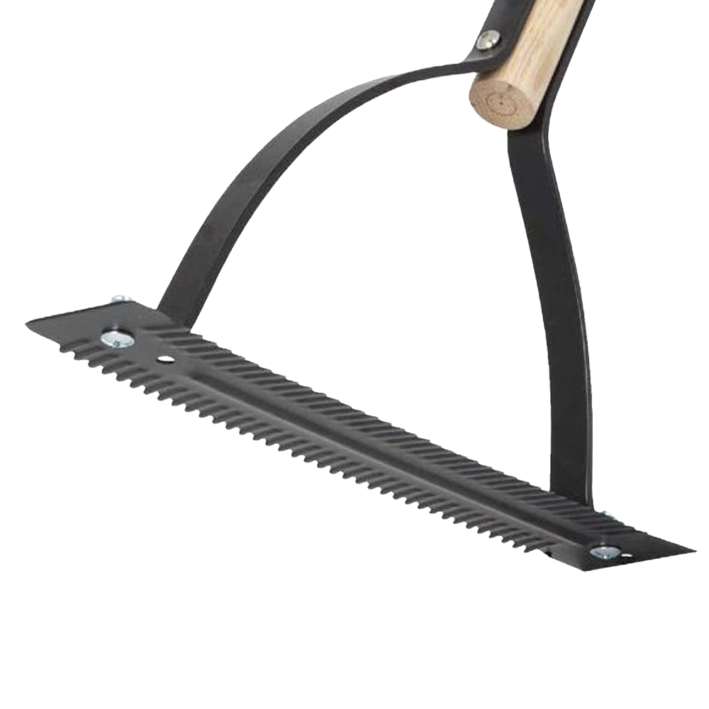 Garden tool with serrated steel blade and wooden handle, designed for cutting grass and weeds in outdoor gardening tasks.