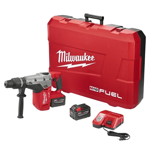 Cordless rotary hammer kit with red carrying case, battery, charger, and handle for home improvement tools