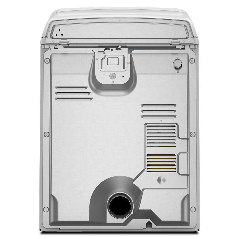 Rear view of white electric top load dryer showing vent opening and access panel for appliance maintenance and installation