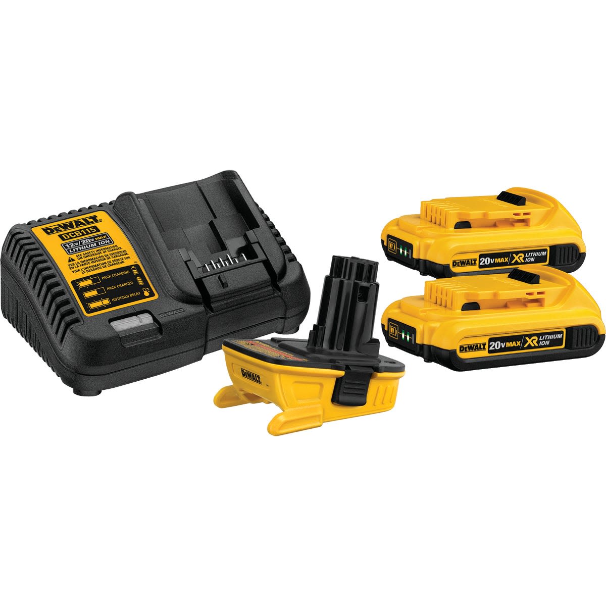 Yellow and black battery adapter kit with charger and two rechargeable lithium-ion power tool batteries for home improvement