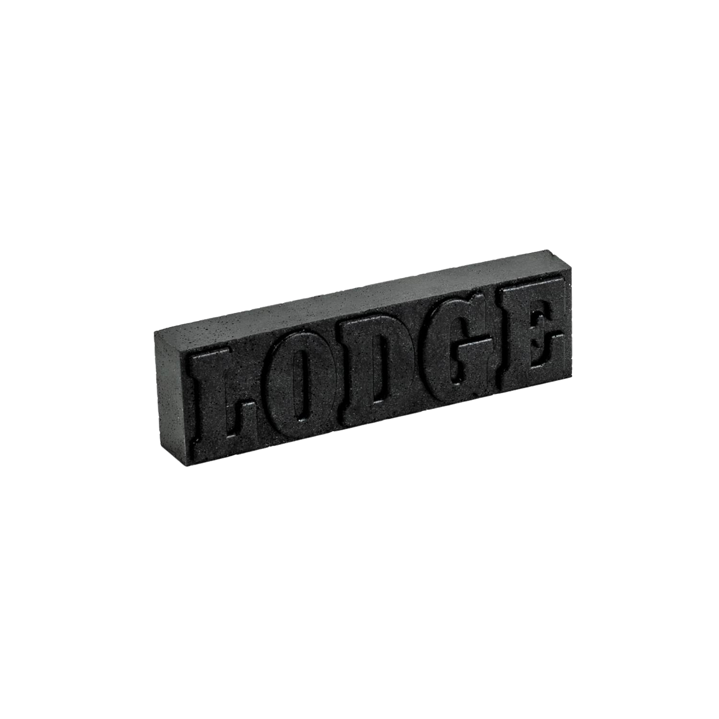 Black cast iron rust eraser block with raised lettering for cast iron cookware maintenance in kitchenware tools
