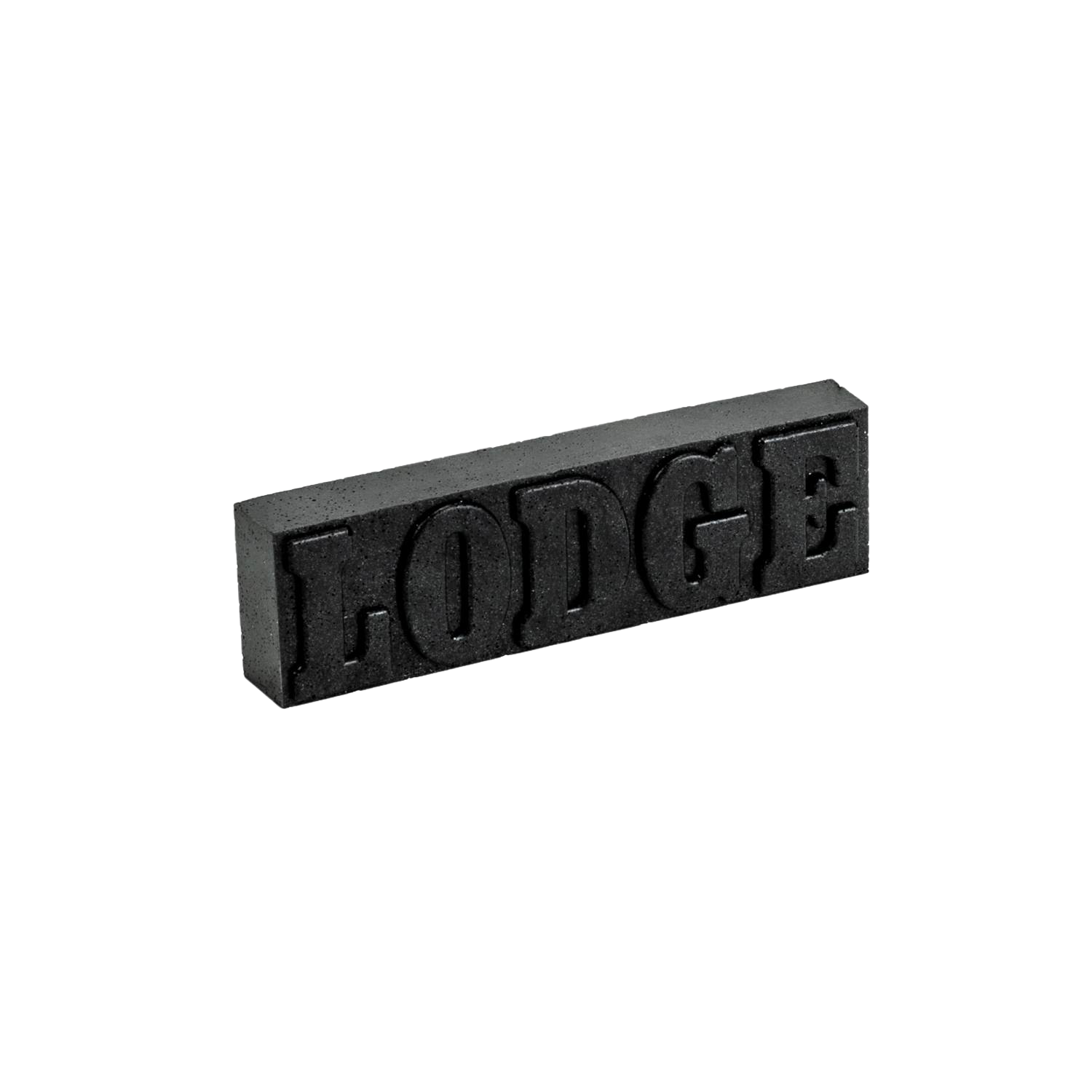 Black cast iron rust eraser block with raised lettering for cast iron cookware maintenance in kitchenware tools