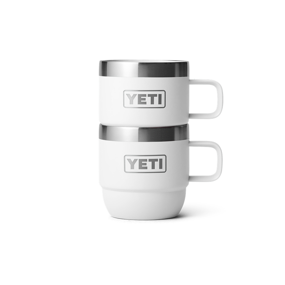 Two white stackable mugs with stainless steel rims from durable drinkware and kitchen collections under $50