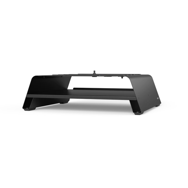 Black metal booster stand designed to raise countertop ovens, part of grill accessories for outdoor living and grilling tools