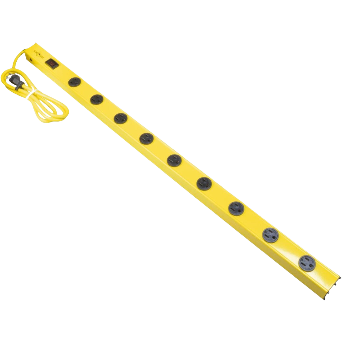 Yellow metal power strip with nine outlets and attached cord for electrical use in home improvement projects under $50