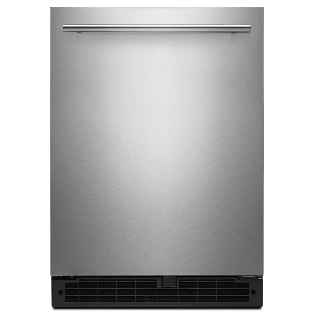 24-inch wide undercounter refrigerator in fingerprint-resistant stainless steel with towel bar handle in kitchen appliances collection