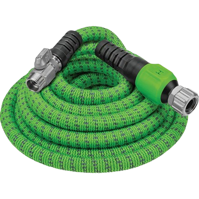 Green expandable garden hose with metal connectors and protective black fittings for durable home improvement use