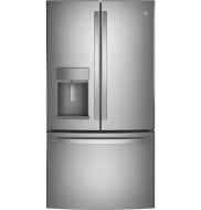 Stainless steel French-door refrigerator with bottom freezer and built-in water dispenser in kitchen appliances collection