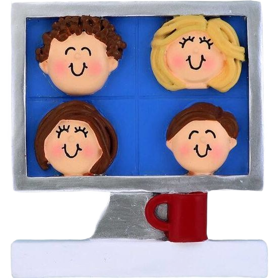 Personalized ornament showing smiling cartoon faces in virtual meeting grid with red mug for Christmas decor under $50 collection