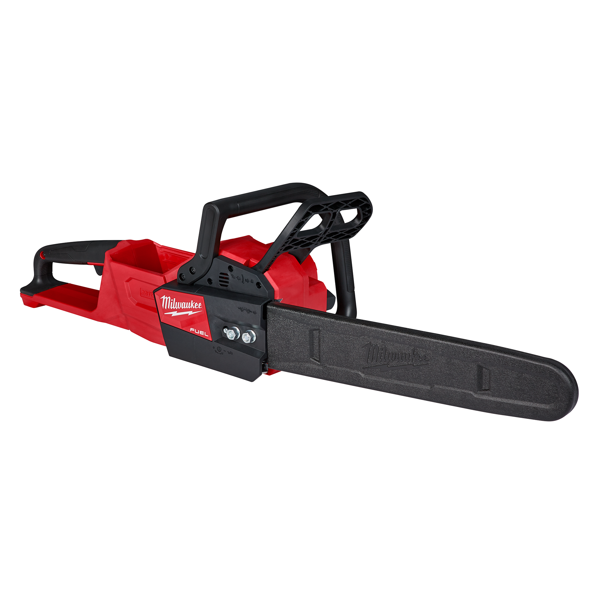 Red and black cordless chainsaw with ergonomic handles and covered cutting blade for outdoor and home improvement tasks