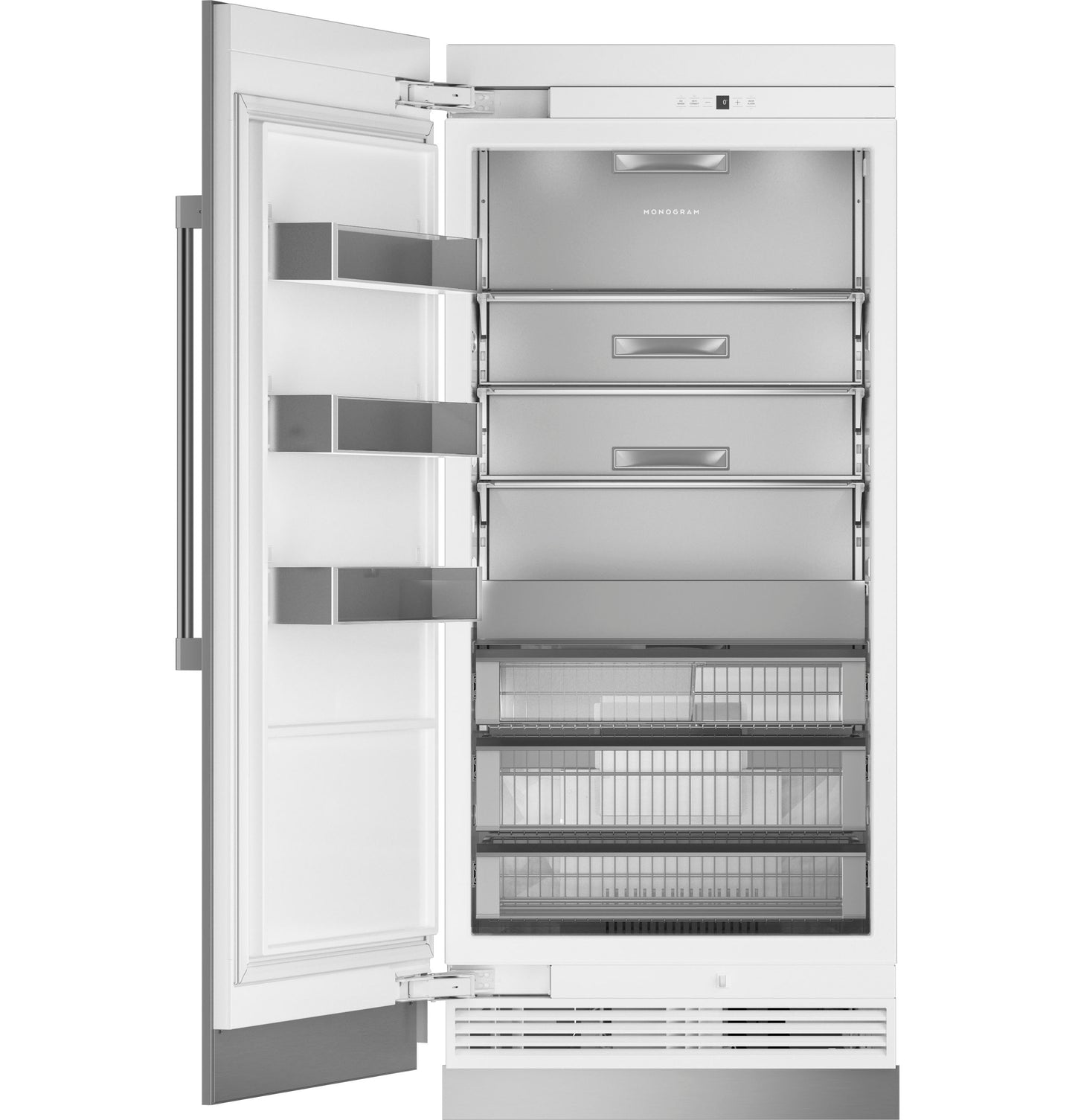 Premium panel-ready integrated column freezer open to reveal organized stainless steel drawers and door bins in kitchen appliances