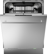 Stainless steel dishwasher with open door showing upper rack and interior, part of dishwashers and kitchenware collection.