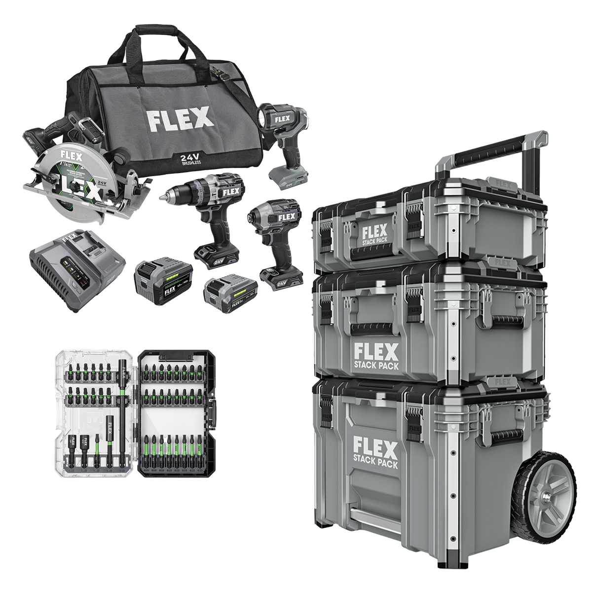 FLEX 24V 4-Tool Combo Kit + 41-Pc. Impact Driver Bit Set & Stack Pack™ 3-Pc. Storage System