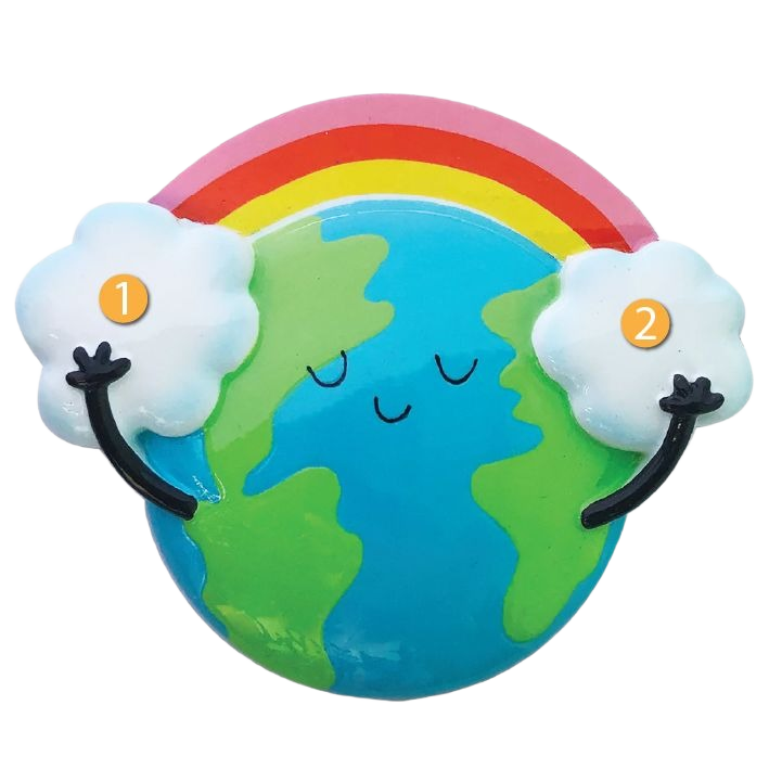 Smiling Earth with green continents holding two clouds under a multicolor rainbow ornament from Christmas collection