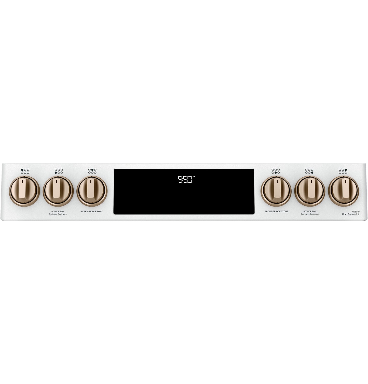 White slide-in range control panel with six bronze knobs and digital temperature display in kitchen appliances collection
