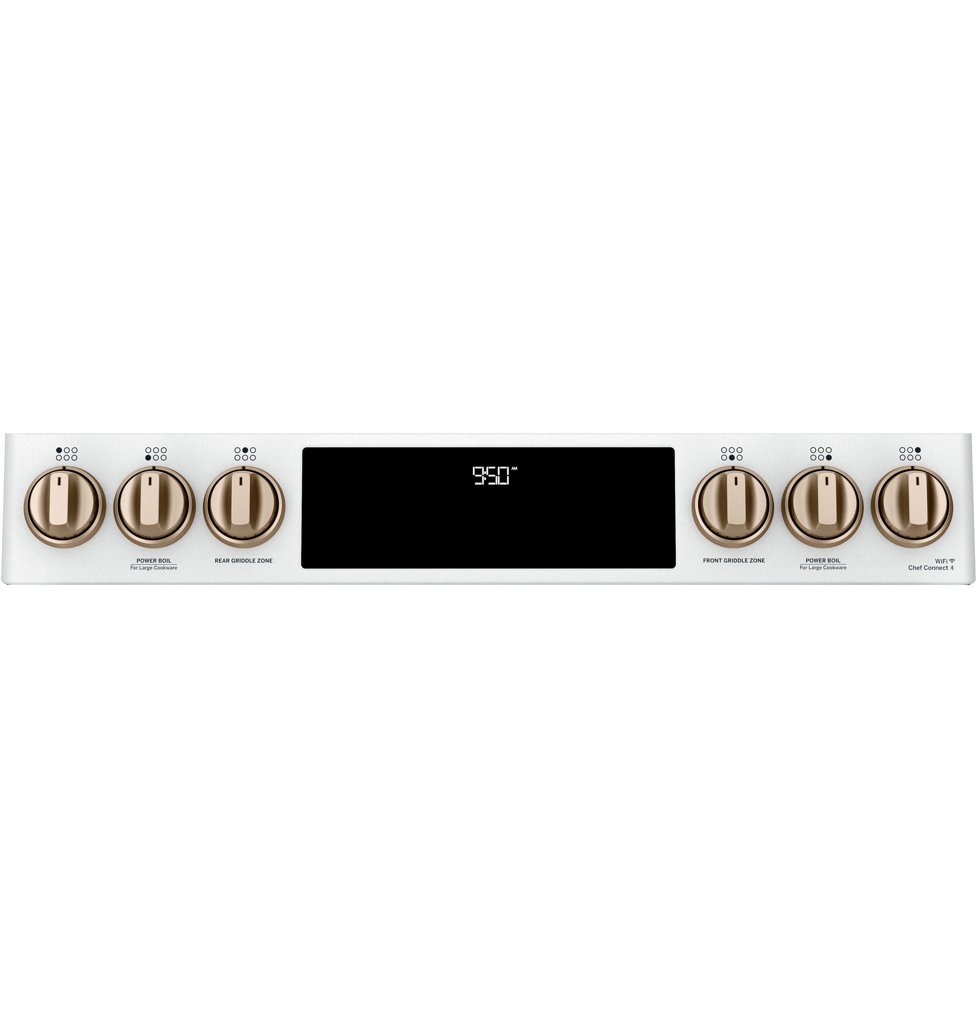 White slide-in range control panel with six bronze knobs and digital temperature display in kitchen appliances collection
