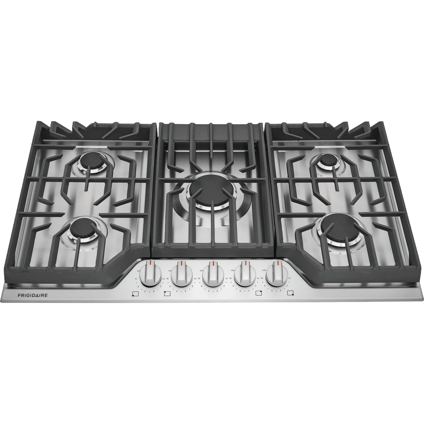 Stainless steel 36-inch gas cooktop with five burners and continuous edge-to-edge grates in kitchen appliance collection