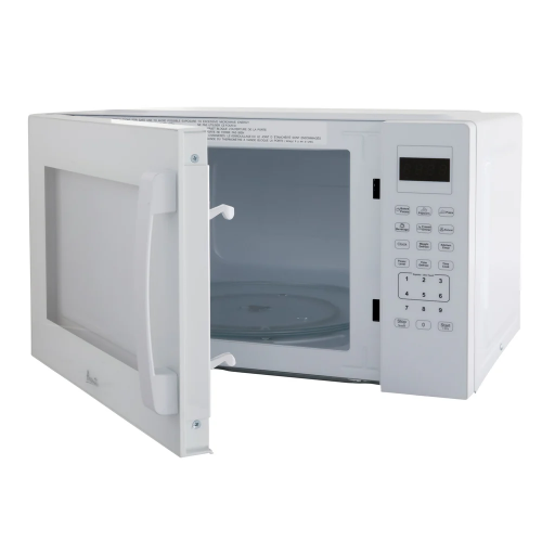 white microwave oven with open door, digital keypad, and large interior for kitchen appliances and home improvement