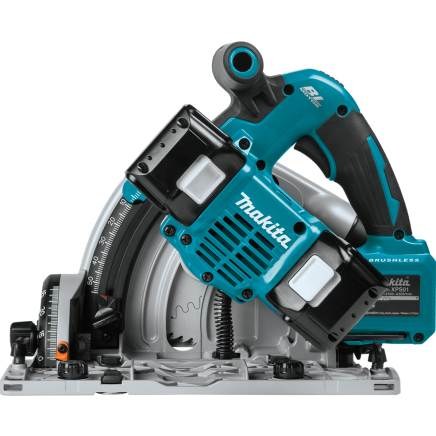Cordless plunge circular saw with brushless motor and dual 18V batteries for precision cutting in home improvement projects