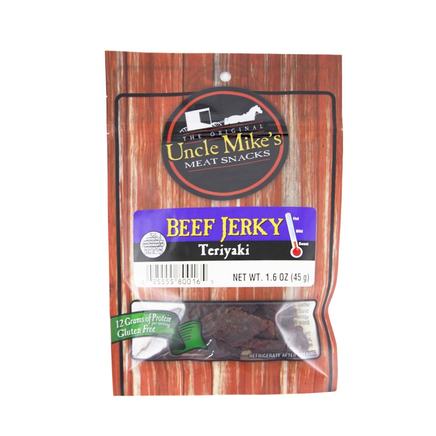 Package of Uncle Mike's teriyaki beef jerky with gluten-free label in Chips & Snacks and Food & Beverage collections