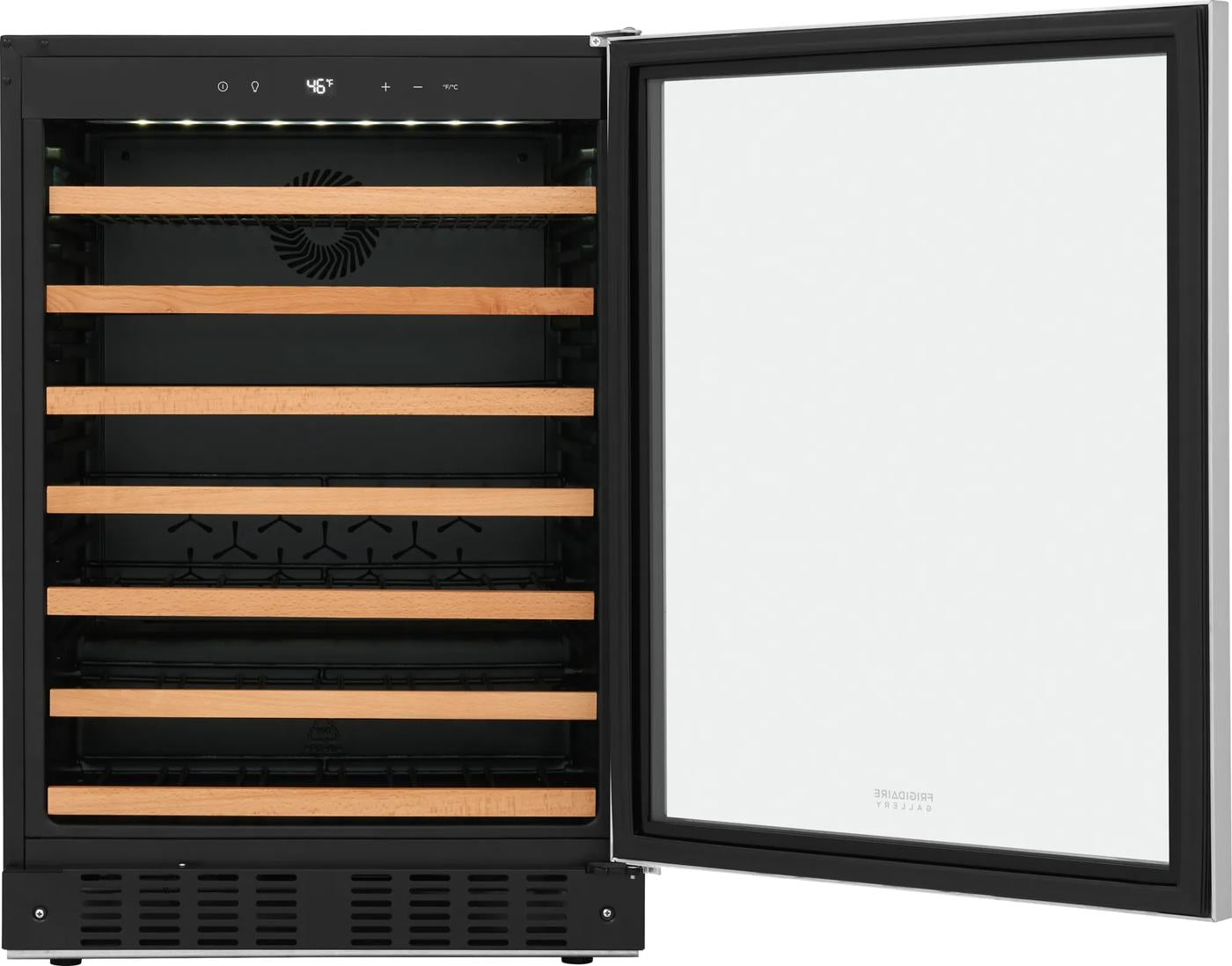 Black 52 bottle wine cooler with wooden shelves and open door in kitchen appliances and refrigerators collection