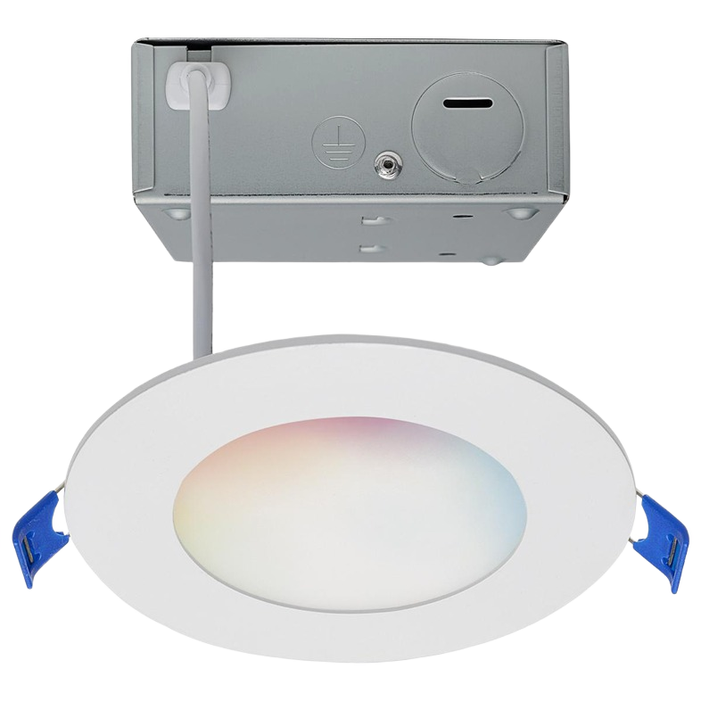 Round 4-inch LED downlight with white trim, metal housing, and attachment clips for lighting and electrical projects under $50