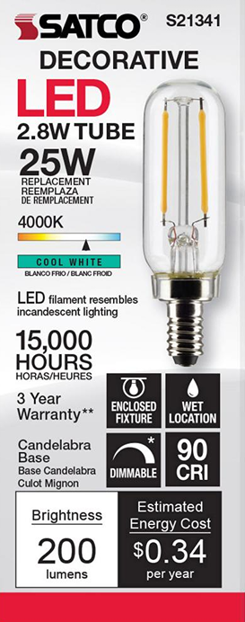 Clear tubular LED bulb with candelabra base and cool white 4000K light for energy-conscious home improvement lighting