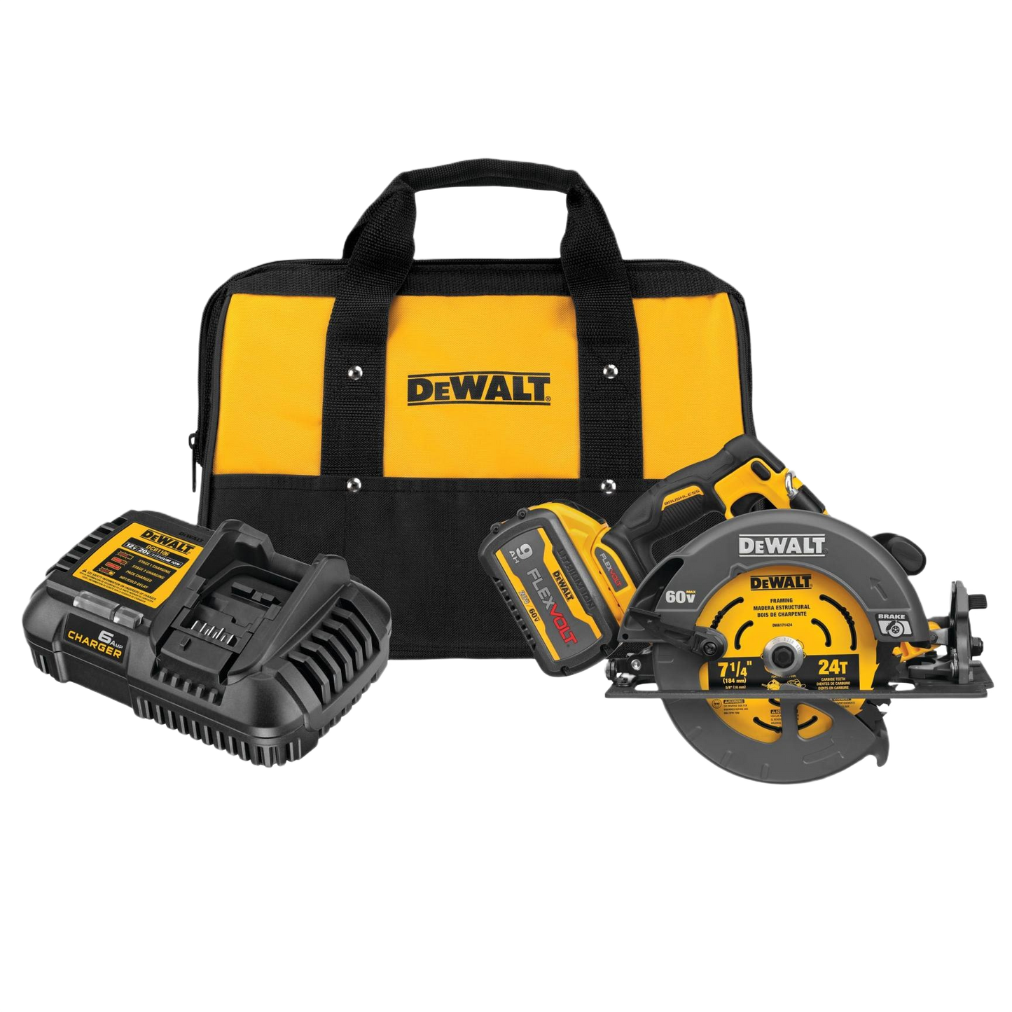 Cordless 60V circular saw with battery, charger, and carrying bag for power and woodworking tools collection
