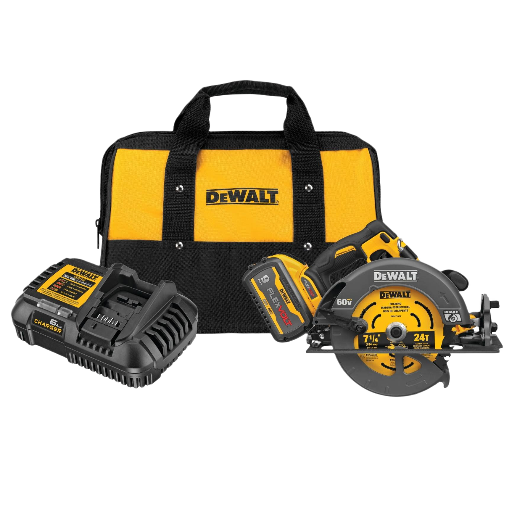 Cordless 60V circular saw with battery, charger, and carrying bag for power and woodworking tools collection