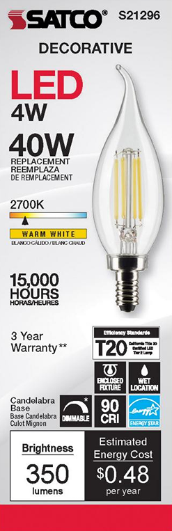 Clear decorative LED bulb with candelabra base, warm white 2700K light, dimmable, for lighting and electrical use