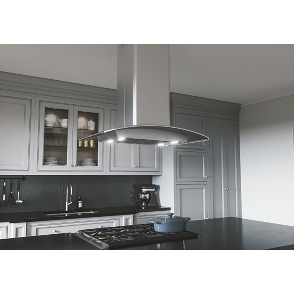 Stainless steel island range hood with curved glass canopy and LED lights in a modern kitchen setting
