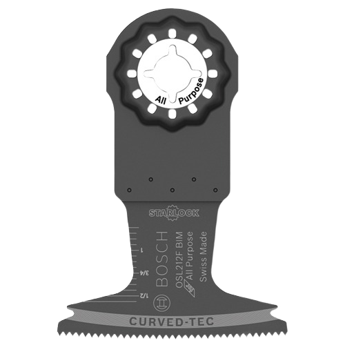 Oscillating multitool plunge blade with starlock mount and curved teeth for woodworking and versatile cutting tasks.