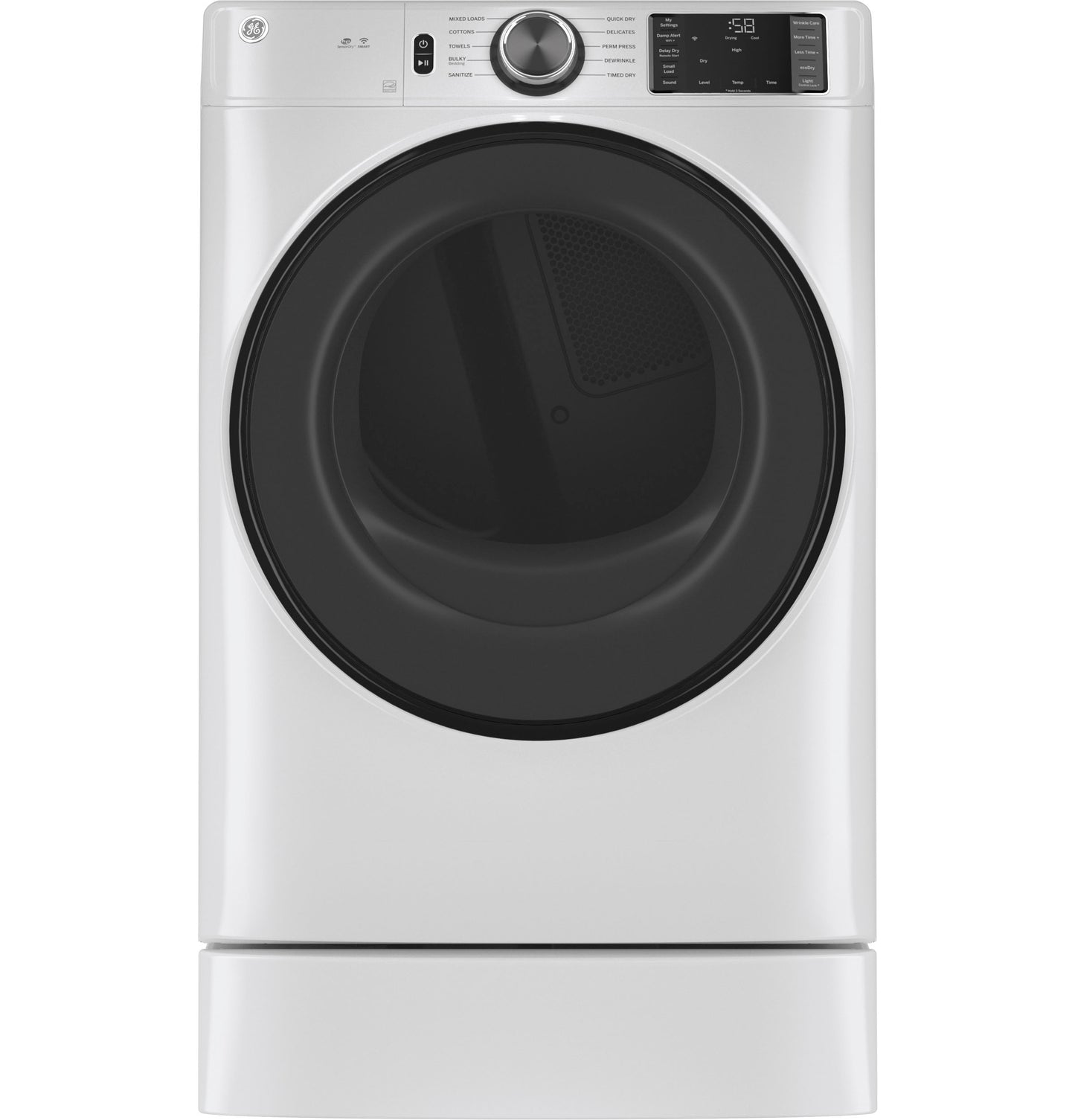 Front view of white front-load dryer elevated on 7-inch riser in Appliance and Dryer Parts & Accessories collections
