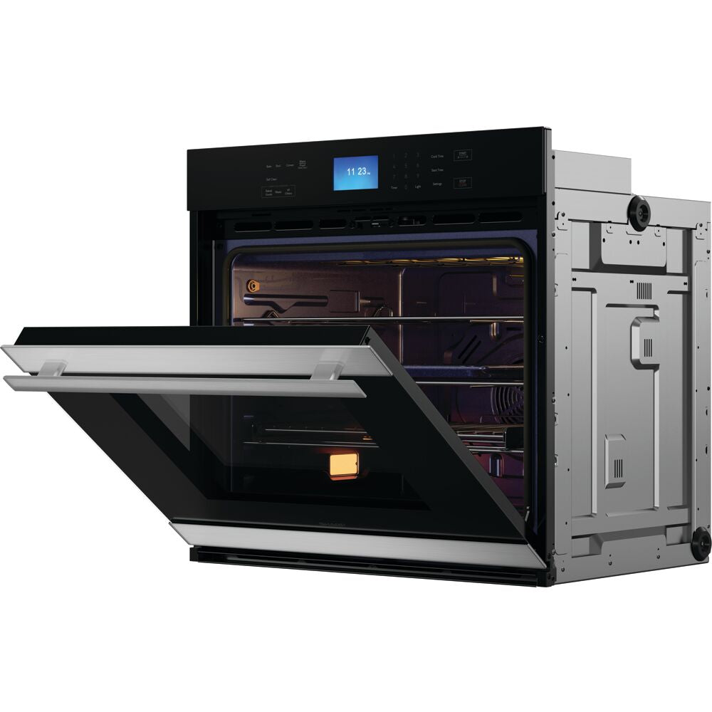 Open built-in electric single wall oven with edge-to-edge black glass front and stainless steel handle from kitchen appliances collection