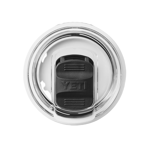 Clear round lid with black YETI branded slider for 20 oz tumbler, designed for secure drinking and spill resistance
