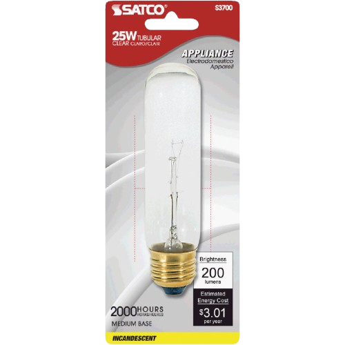 Clear tubular incandescent appliance bulb with medium base, 25 watts, 200 lumens for lighting and electrical use