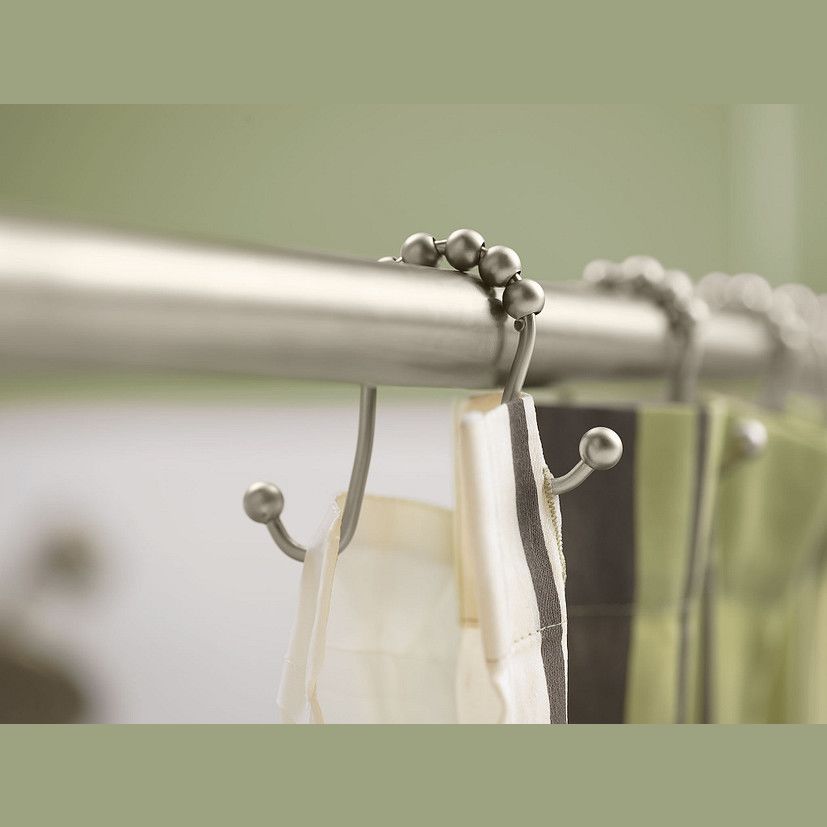 Brushed nickel shower curtain hooks with smooth ball bearings for easy gliding on rods in bathroom accessories and hardware collections