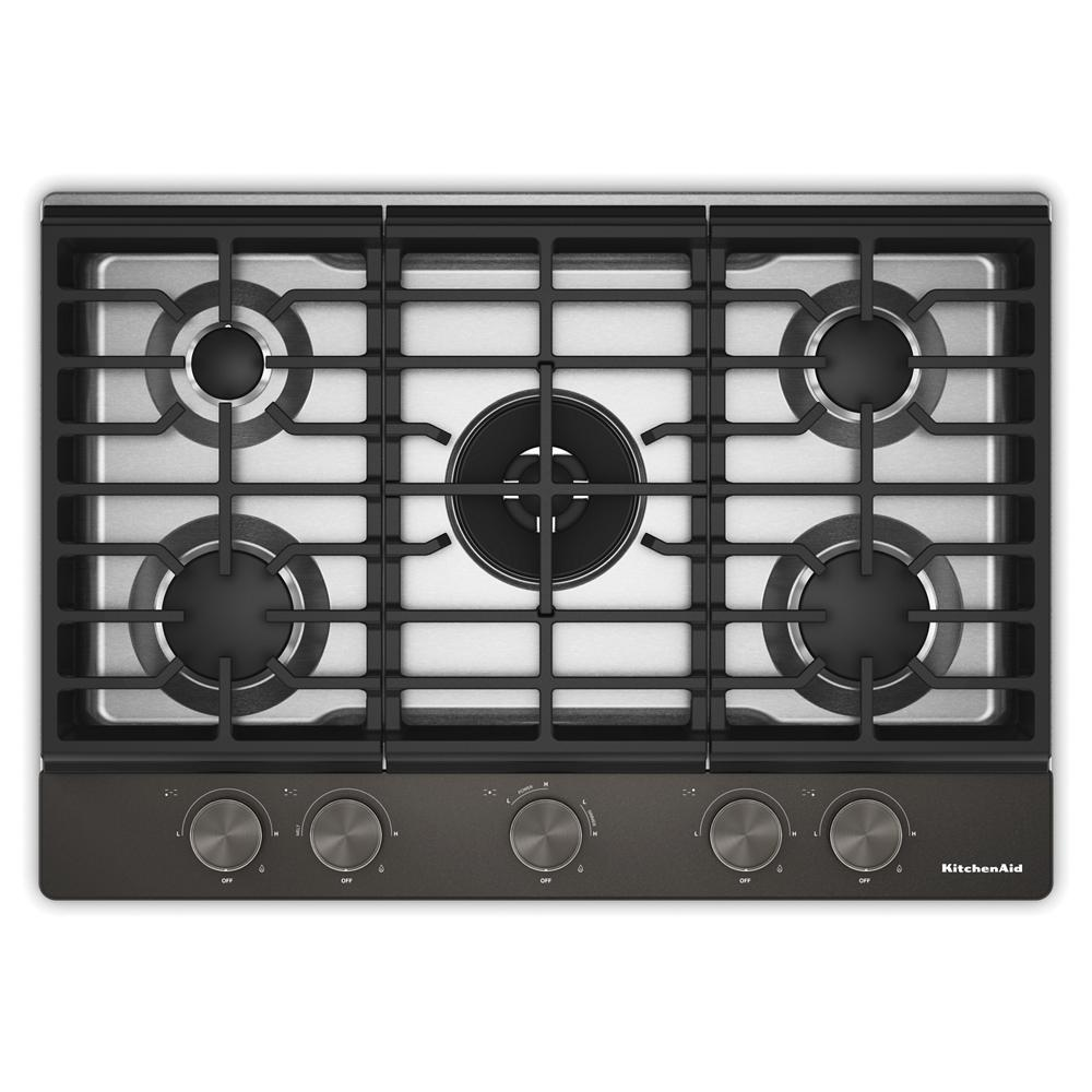 30-inch gas cooktop with five burners including a central wok burner, integrated grate design, and premium weighted knobs, part of Cooktops, Gas Cooktops, Kitchen & Kitchenware, All Products, KitchenAid, Appliances, Ranges & Cooktops collections.