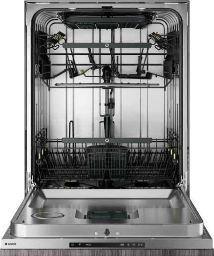 Open stainless steel dishwasher interior with adjustable racks, part of kitchen and dishwasher appliances collection.