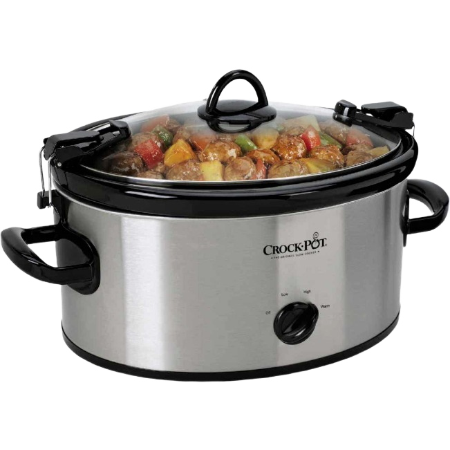Oval stainless steel slow cooker with glass lid and black handles cooking stew for home and kitchen use