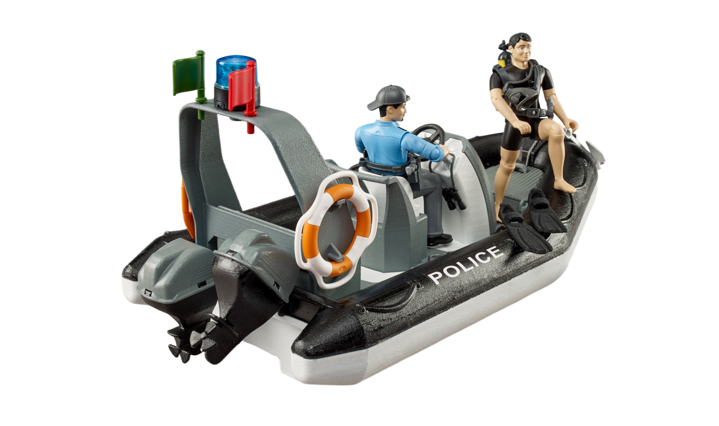 Small police rescue boat toy with rotating beacon light, life ring, propeller, and two officer figures for play or display