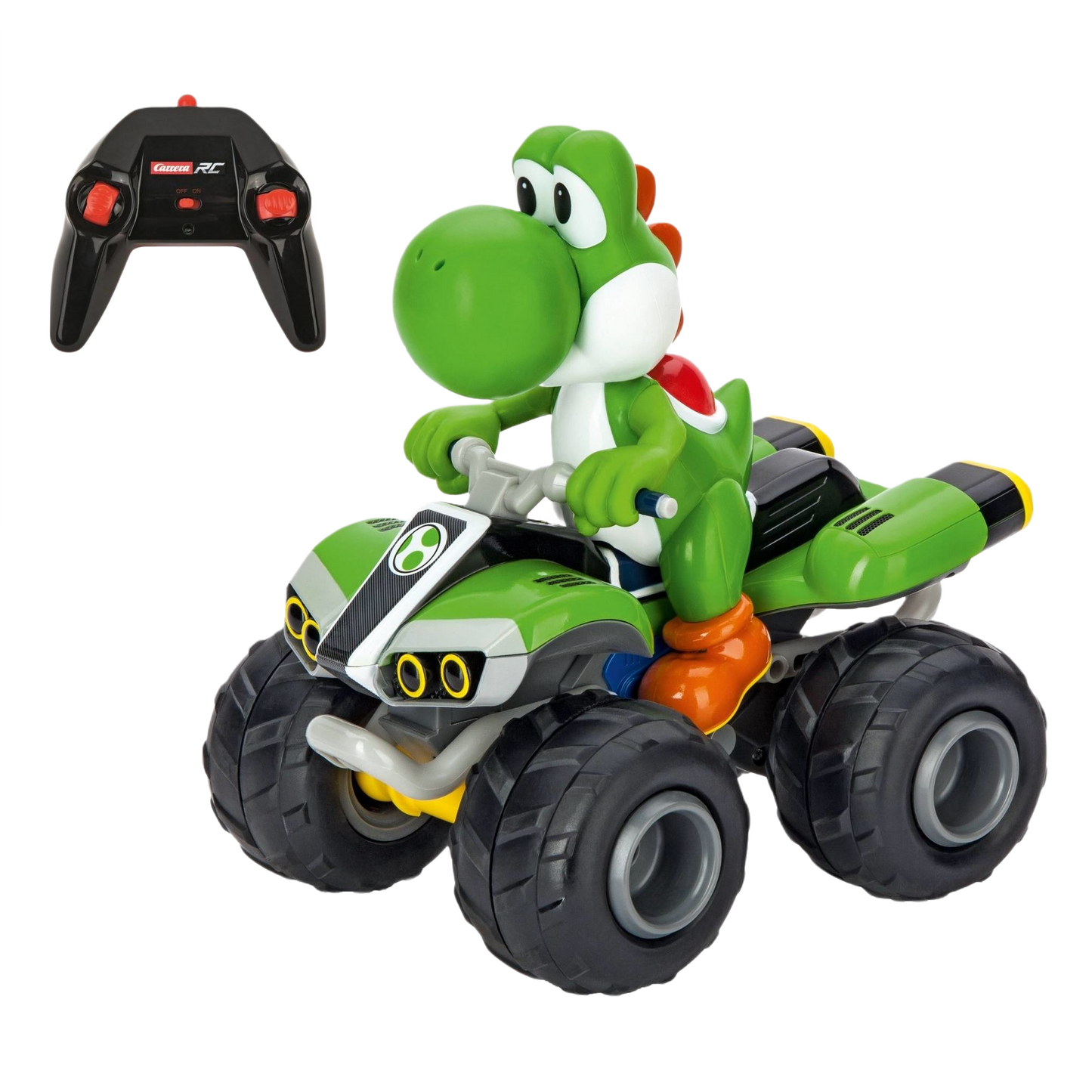Green Yoshi figure riding a green and black remote-controlled quad bike with large rugged tires and handheld controller