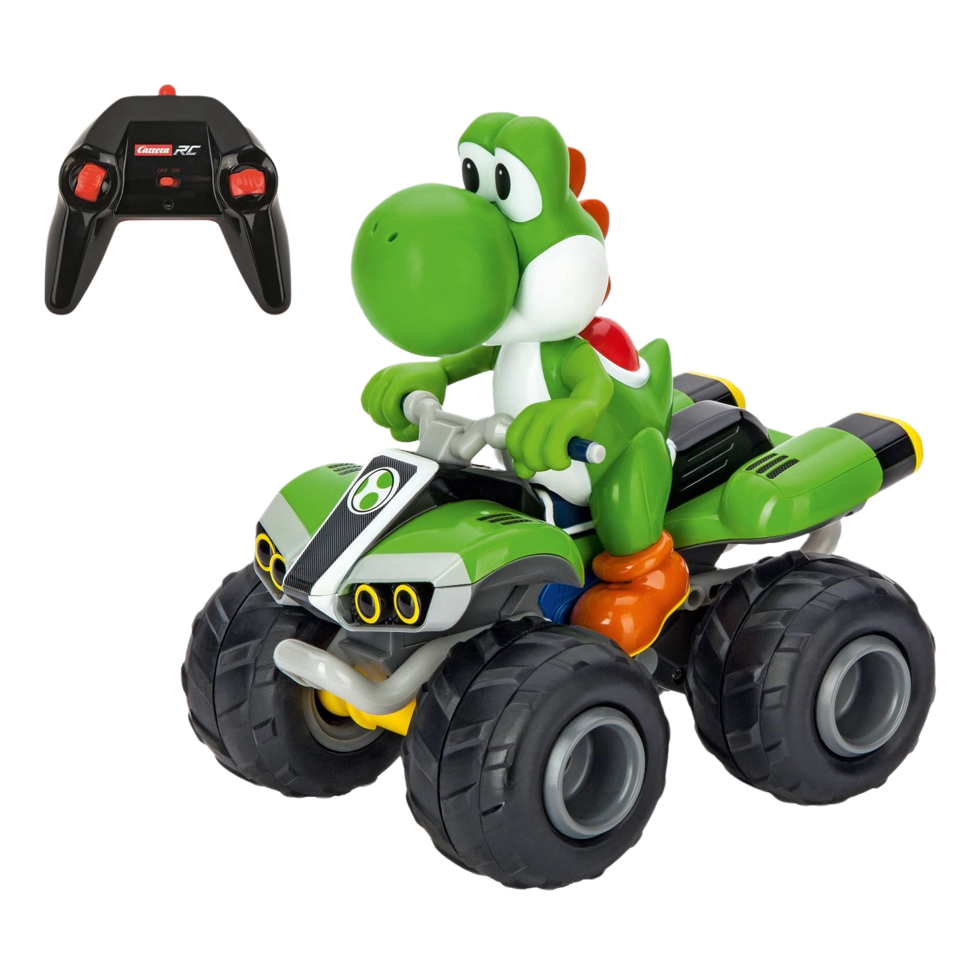 Green Yoshi figure riding a green and black remote-controlled quad bike with large rugged tires and handheld controller