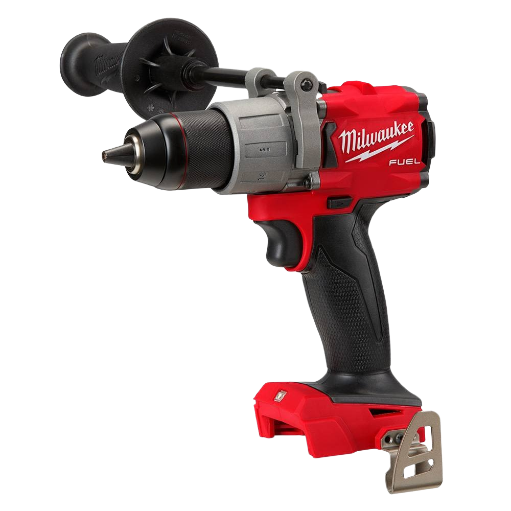 Red and black Milwaukee cordless drill driver with side handle and textured grip for home improvement tasks