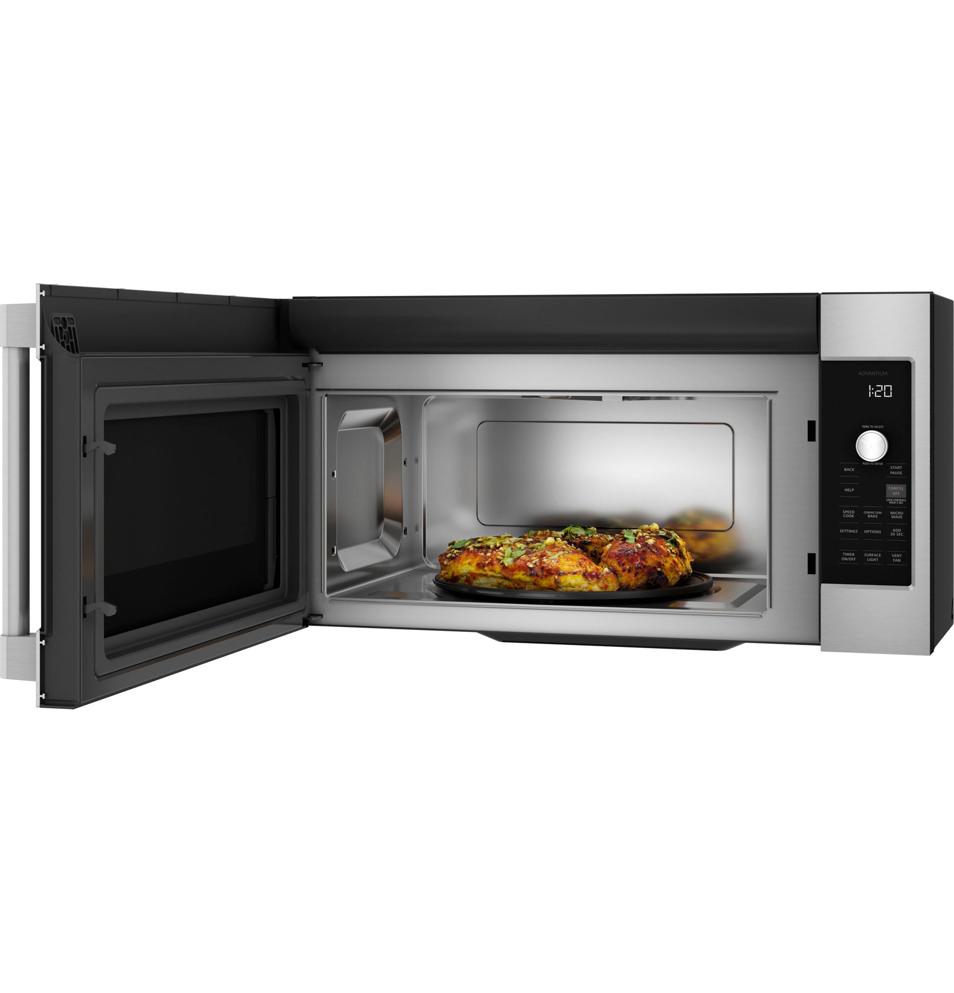 Above-the-cooktop speedcooking oven in stainless steel with digital control and food cooking inside for kitchen appliances.